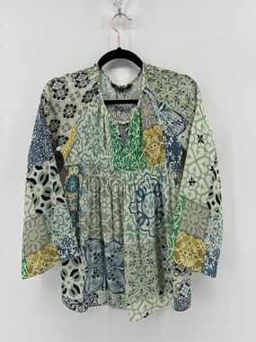 CHARLIE B Patchwork White and Blue Blouse